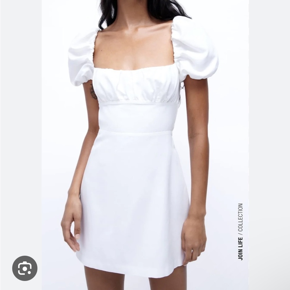 NWT Zara White Linen Blend Dress with Puff Sleeves